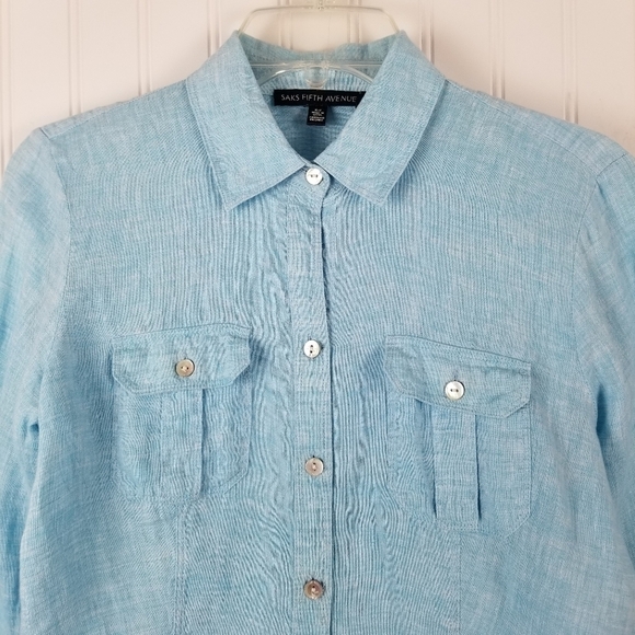 Saks Fifth Avenue 100% Linen Button Front Shirt Blue Womens Size Small - Picture 2 of 10
